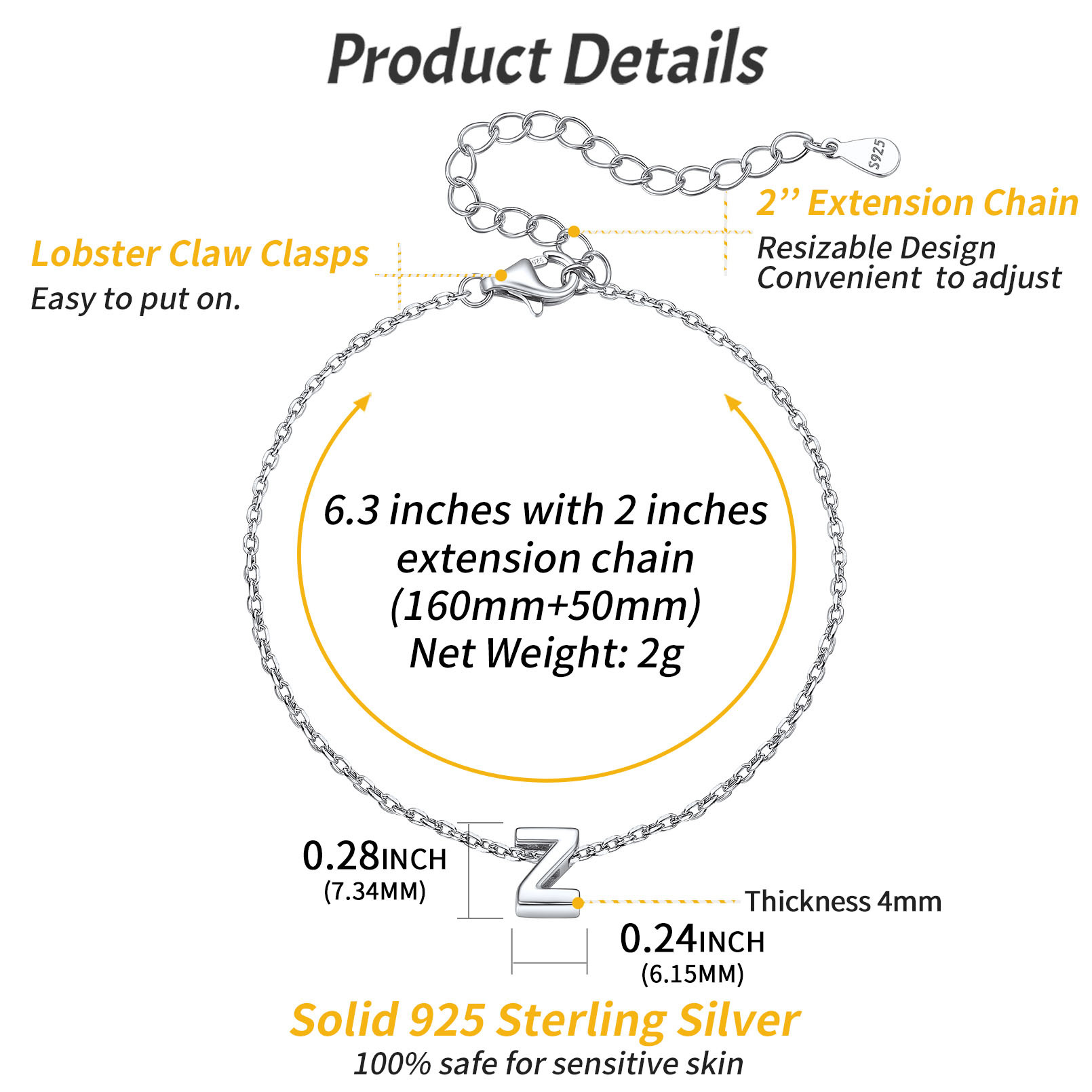 Dainty Initial Bracelet in 925 Sterling Silver Size