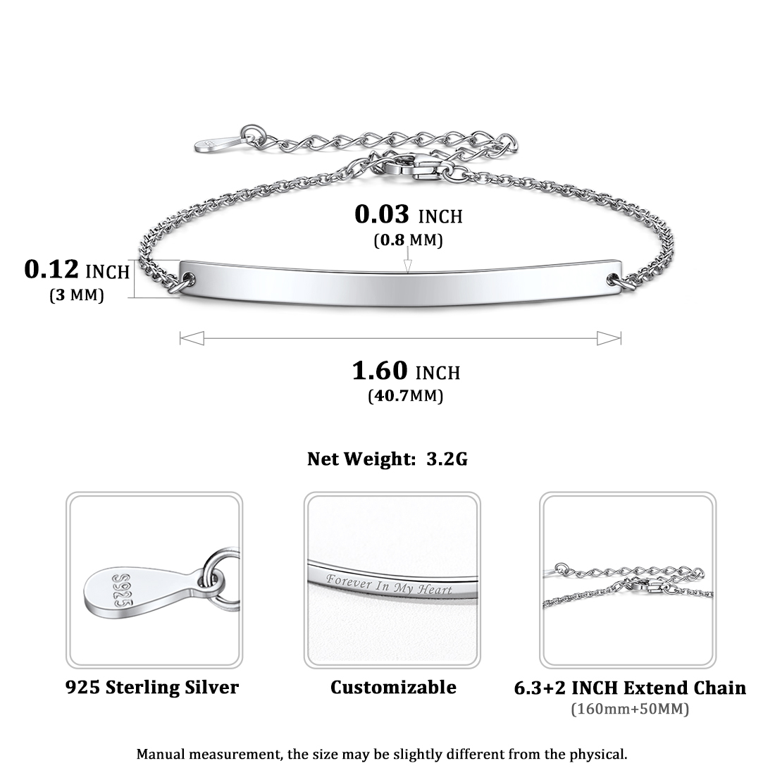 Custom Name Engraved Silver Bar Bracelet for Women detail