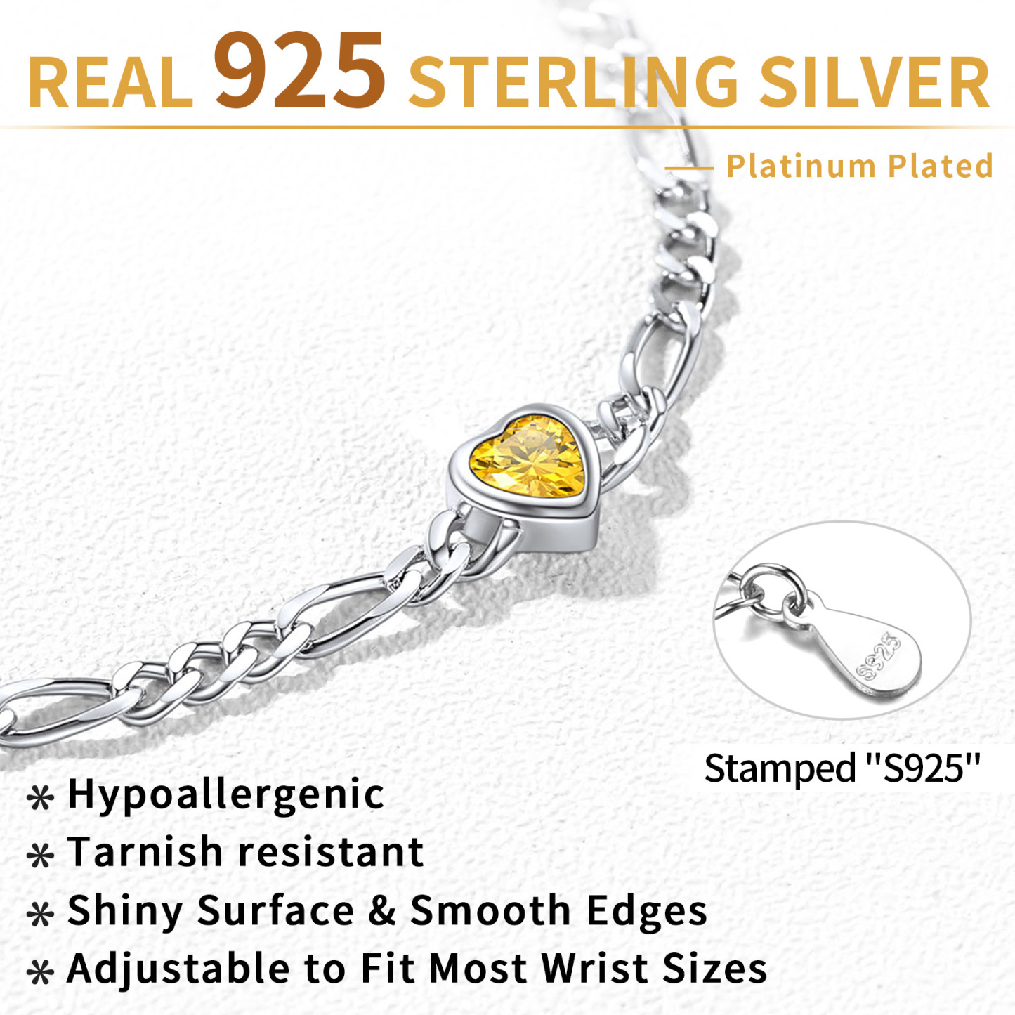 Real 925 Sterling Silver Birthstone Heart Bracelets for Women