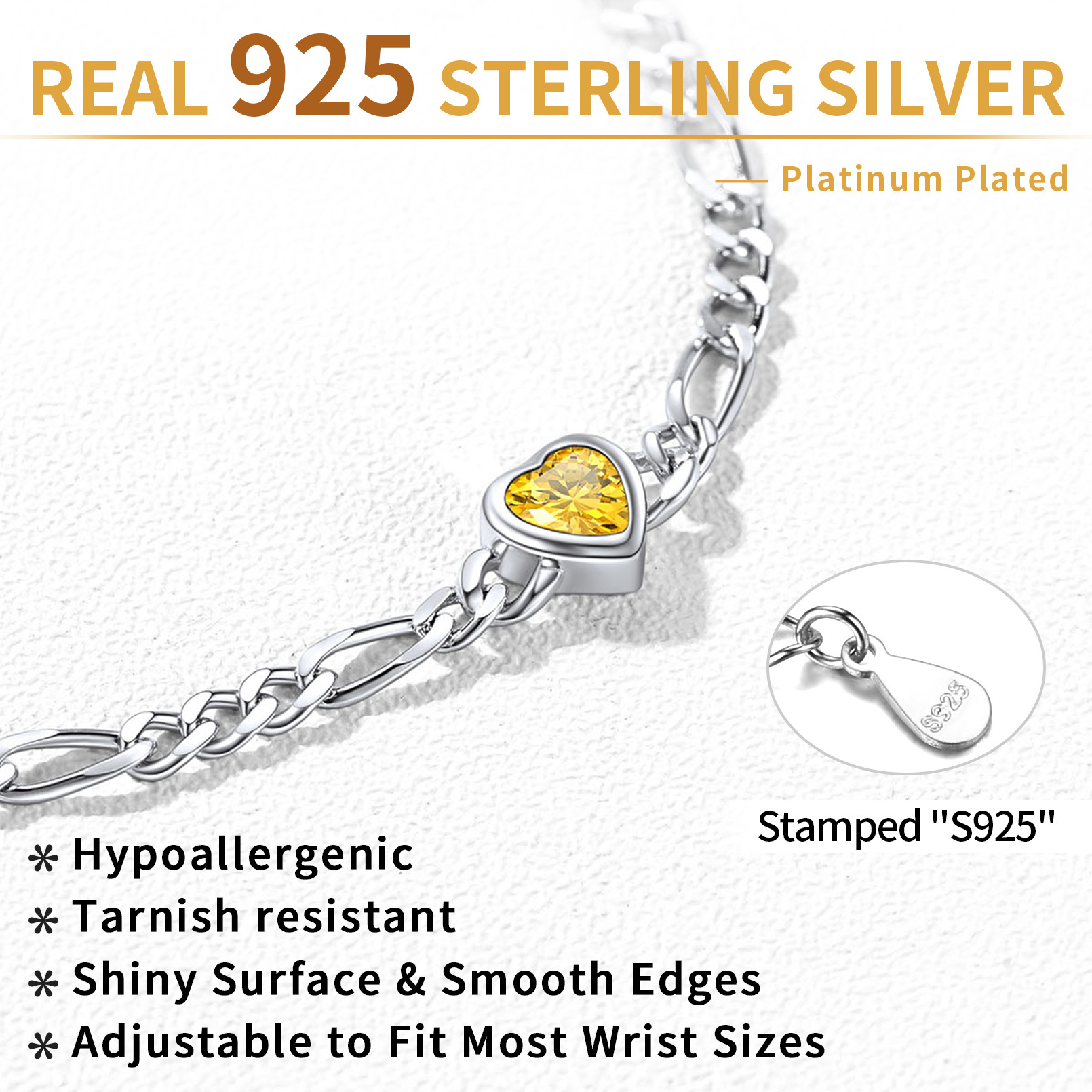 Real 925 Sterling Silver Birthstone Heart Bracelets for Women