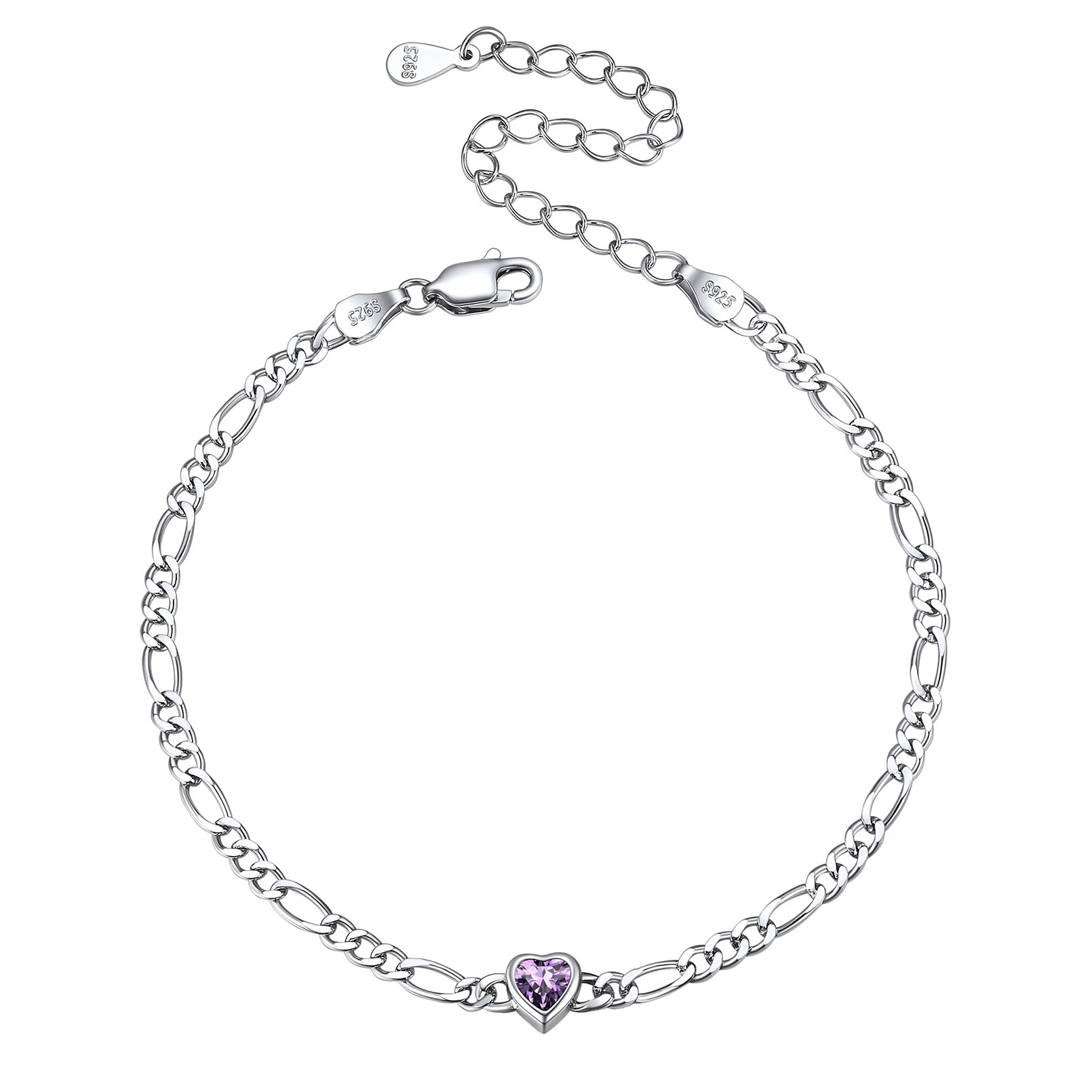 Sterling Silver Birthstone Heart Bracelets for Women Feb