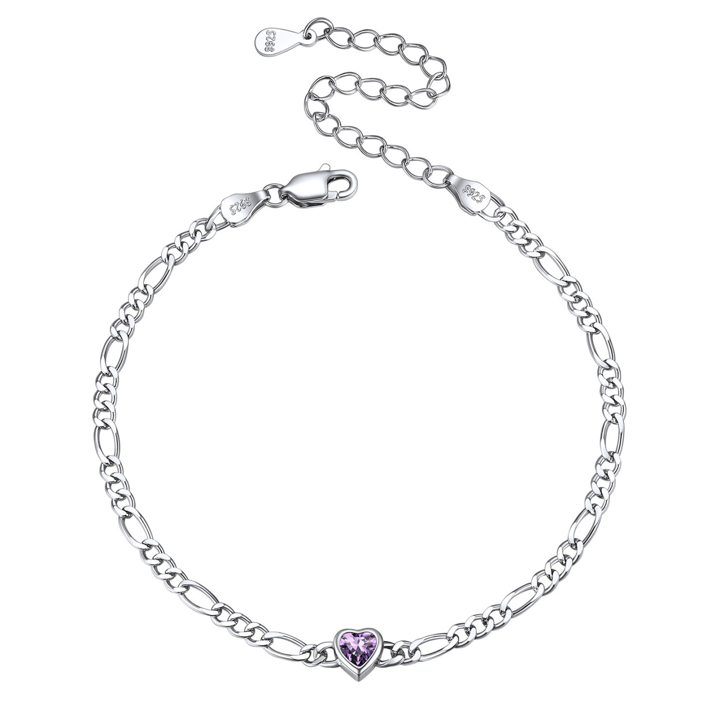 Sterling Silver Birthstone Heart Bracelets for Women Feb