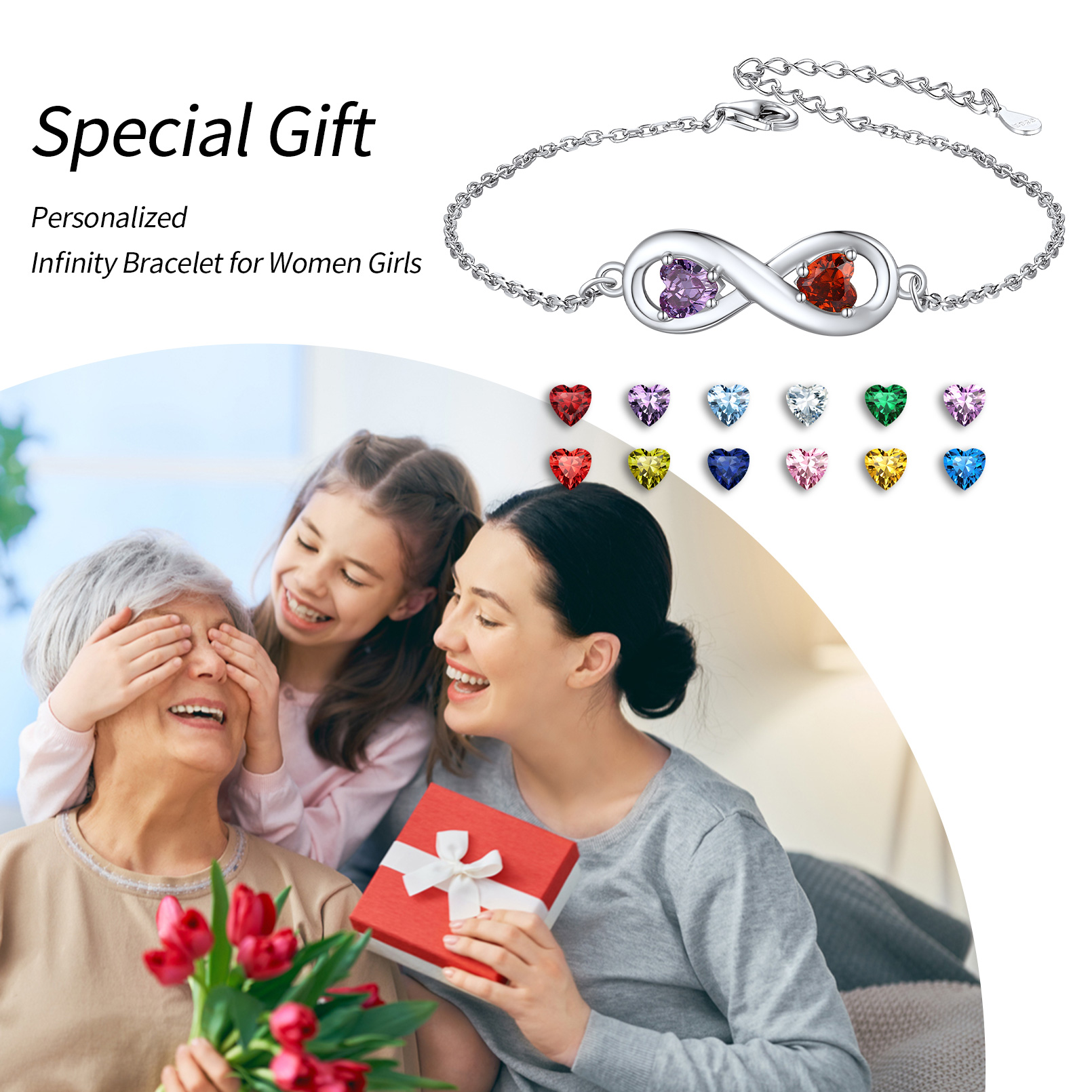 Personalized Birthstone Infinity Sterling Silver Bracelets