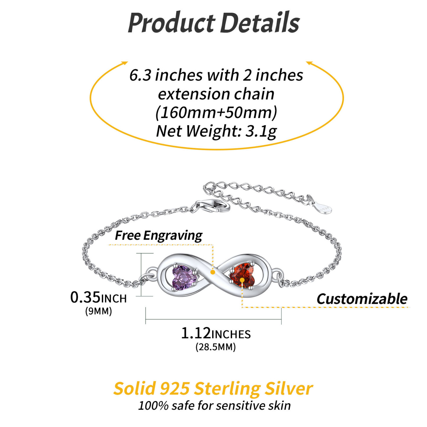 Personalized Name Birthstone Infinity Love Symbol Link Bracelets detail