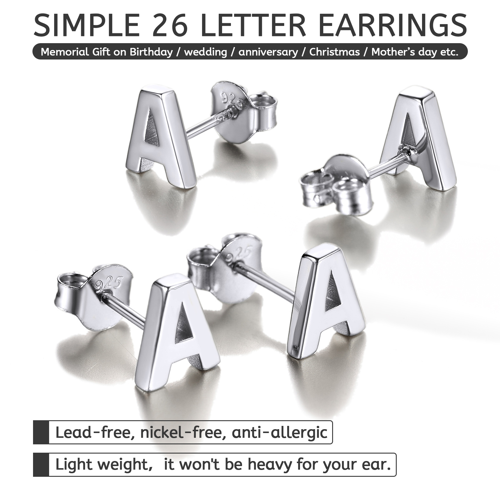  Sterling Silver Initial Dainty Letter Stud Earrings for Women