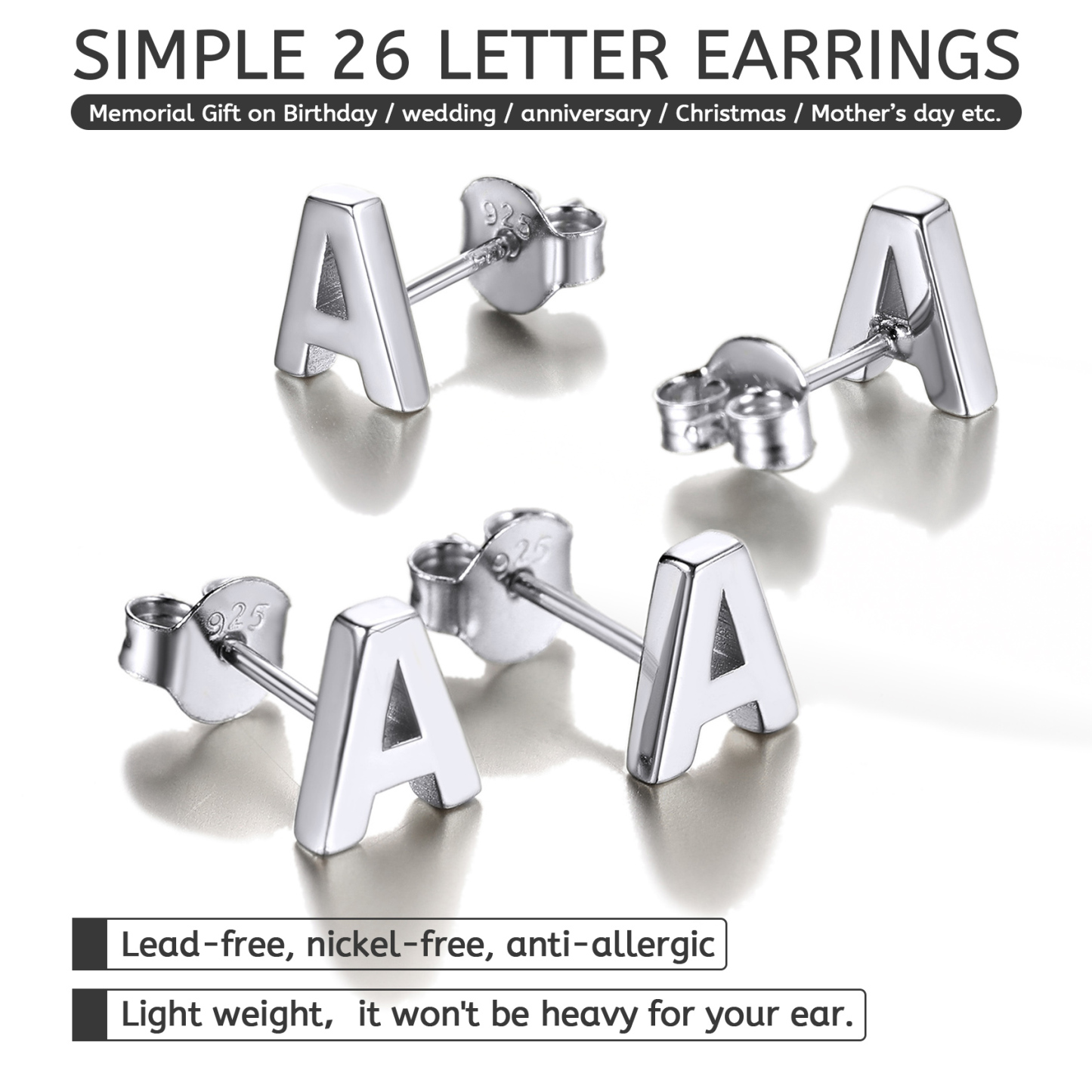  Sterling Silver Initial Dainty Letter Stud Earrings for Women