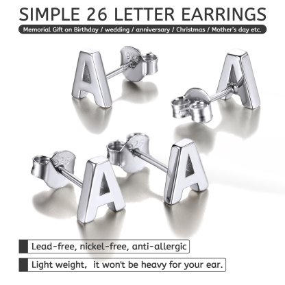  Sterling Silver Initial Dainty Letter Stud Earrings for Women