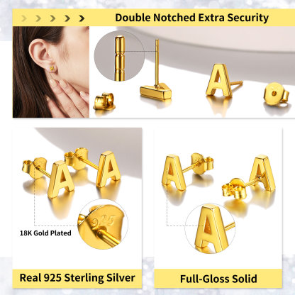  Sterling Silver Initial Dainty Letter Stud Earrings for Women