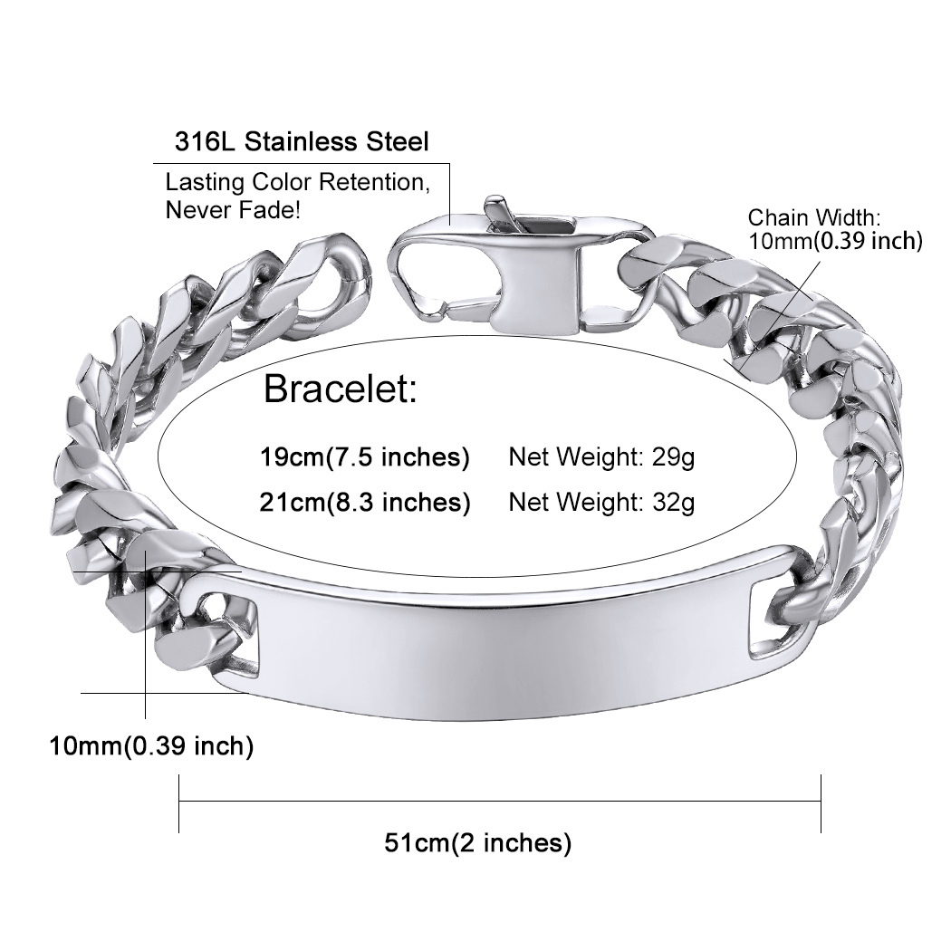 Name Engraved for Men Custom Cuban Link Chain ID Bracelet detail 10mm