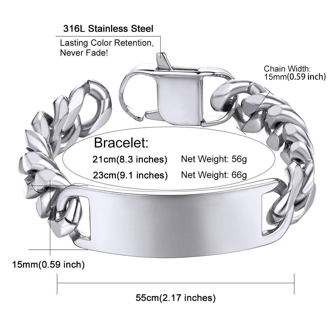 Name Engraved for Men Custom Cuban Link Chain ID Bracelet detail 15mm