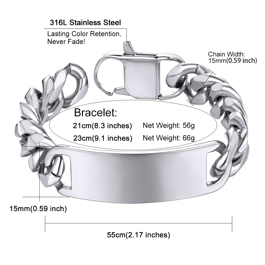 Name Engraved for Men Custom Cuban Link Chain ID Bracelet detail 15mm