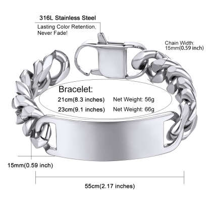Name Engraved for Men Custom Cuban Link Chain ID Bracelet detail 15mm