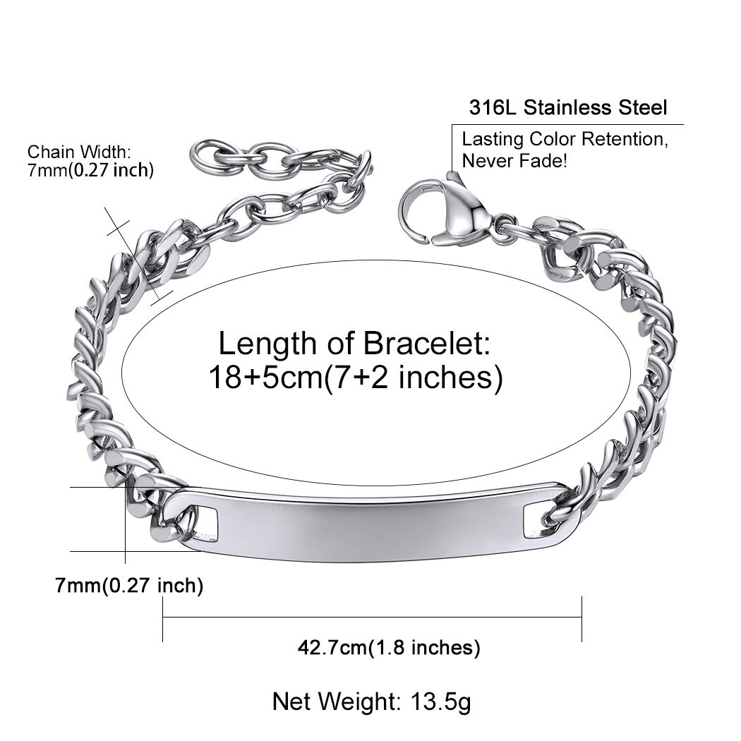 Name Engraved for Men Custom Cuban Link Chain ID Bracelet detail 7mm