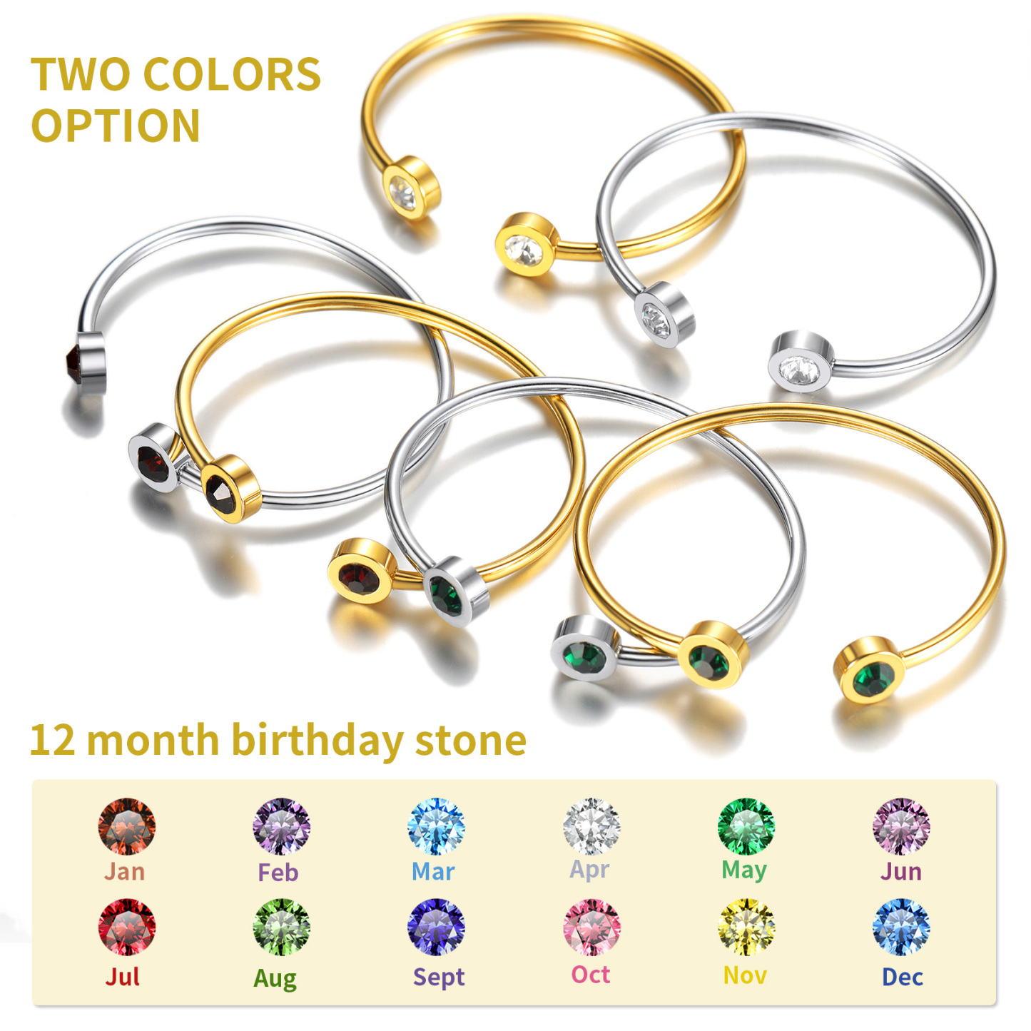 Birthstones Bracelet for Women Cuff Bangle with 12Months Crystal 