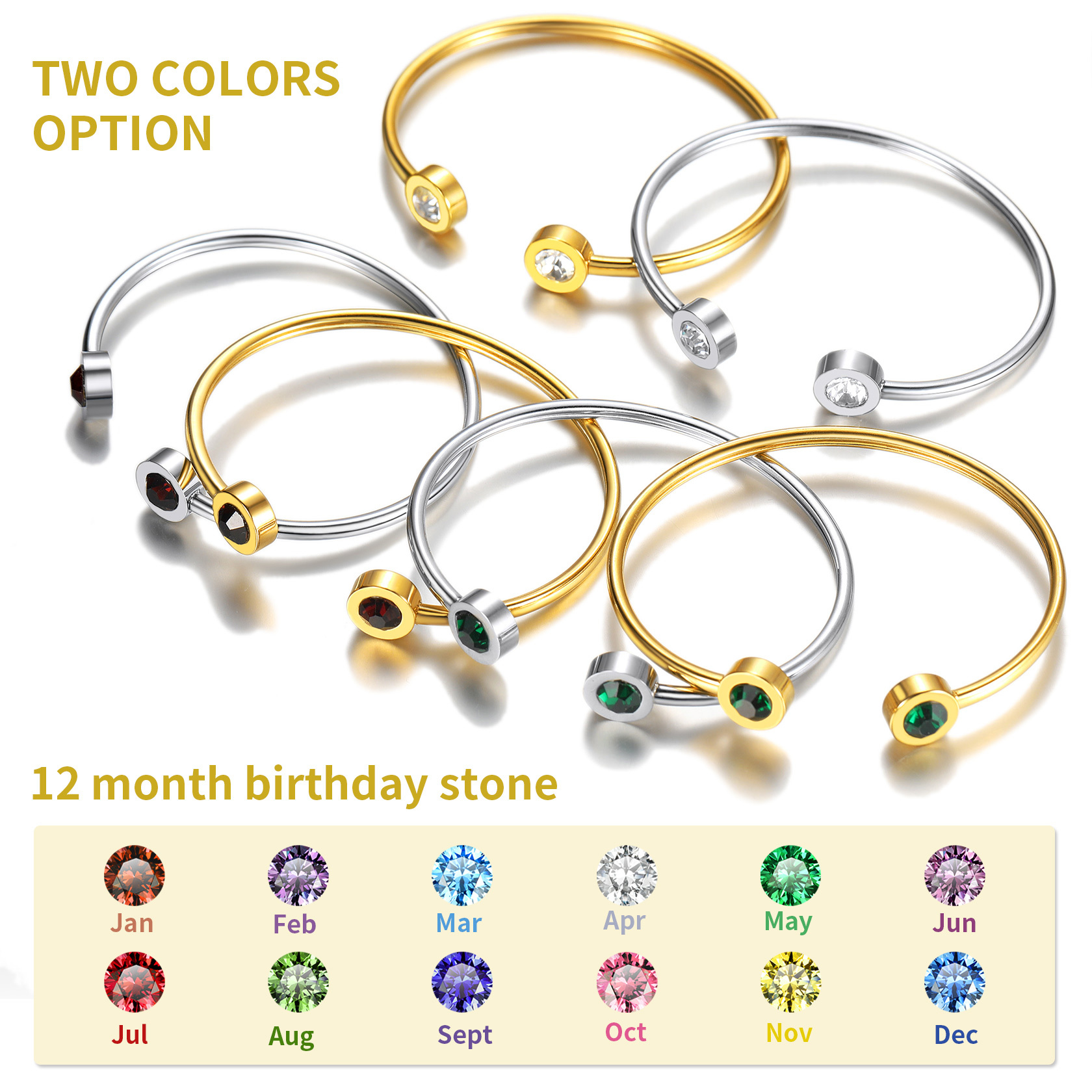 Birthstones Bracelet for Women Cuff Bangle with 12Months Crystal 