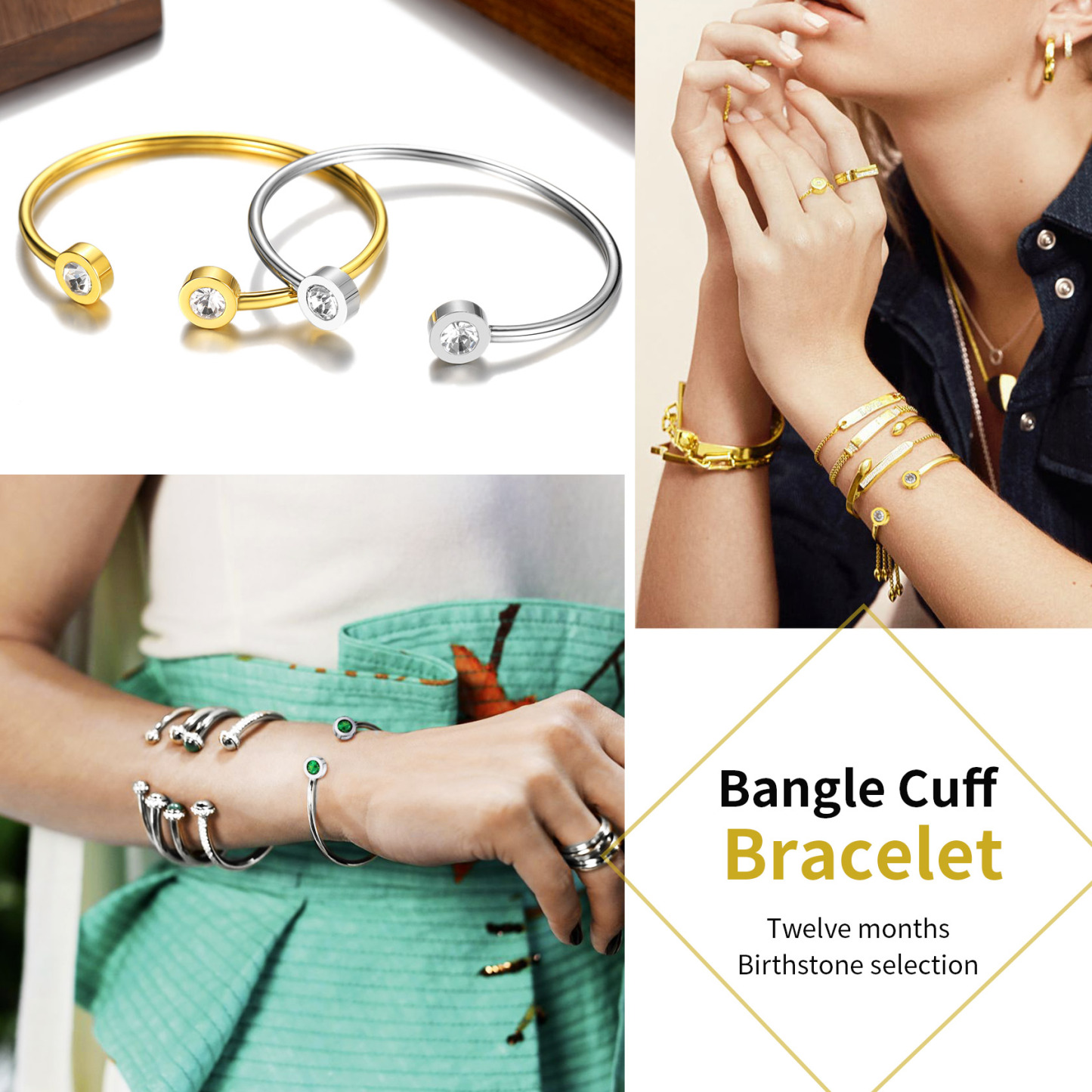 Cuff Bangle with Twelve Months Crystal 