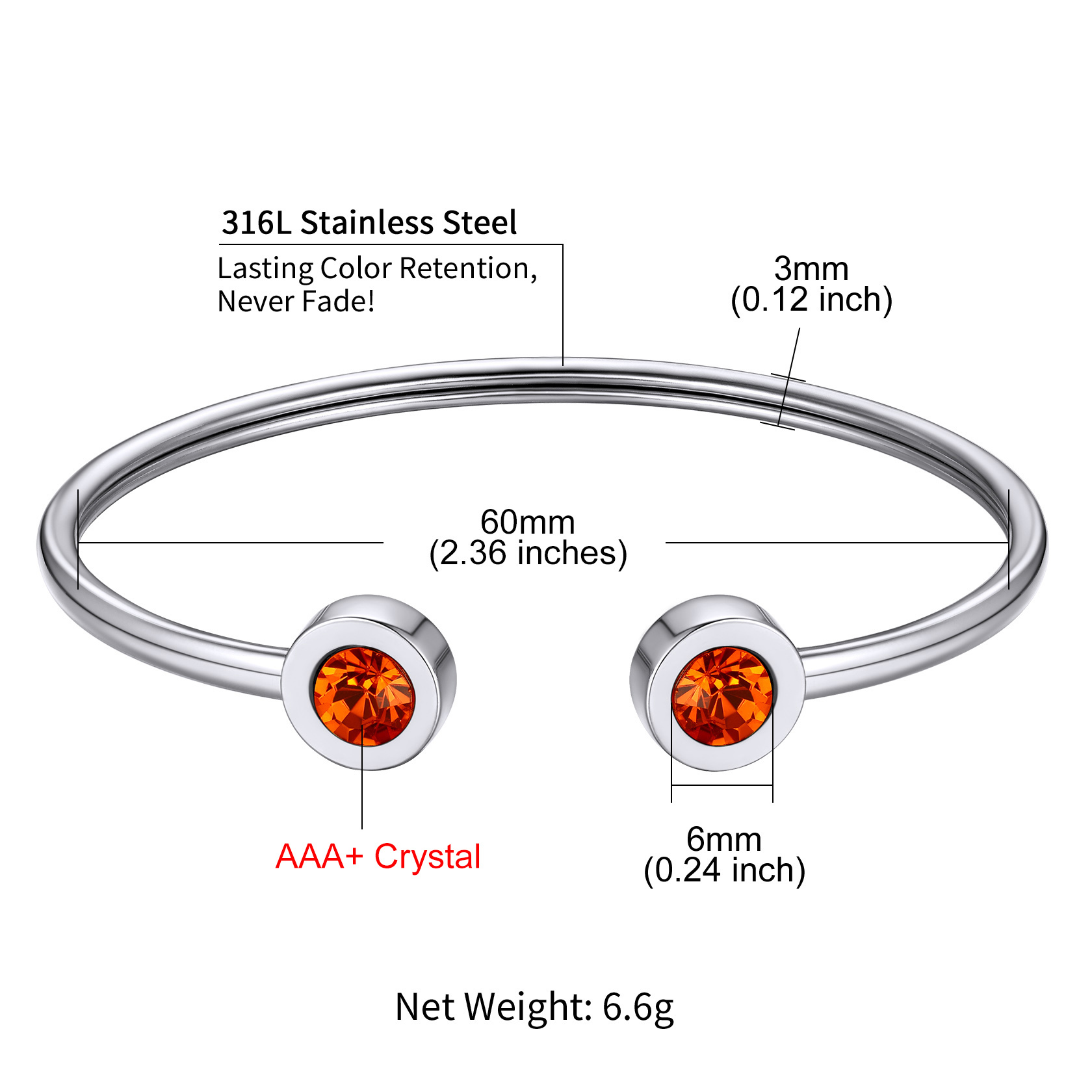 Birthstones Bracelet for Women Cuff Bangle with Twelve Months Crystal detail