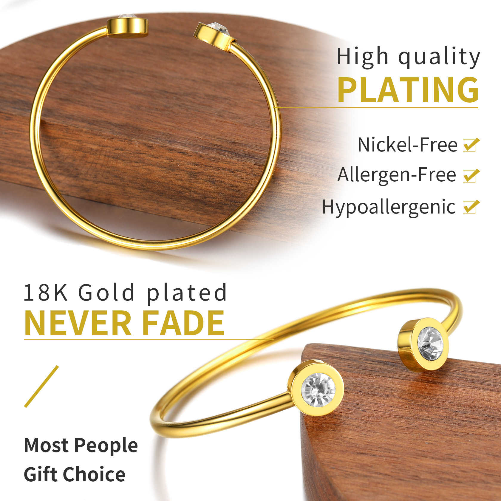 Birthstones Bracelet for Women Cuff Bangle with Twelve Months Crystal 18k gold plated