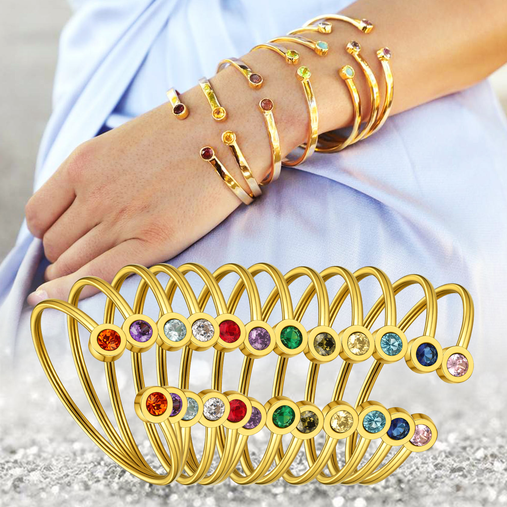 Birthstones Bracelet for Women Cuff Bangle with Twelve Months Crystal COLLECTION