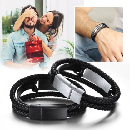 Custom Engraved Black Braided Leather Cord Bracelet gift for Men