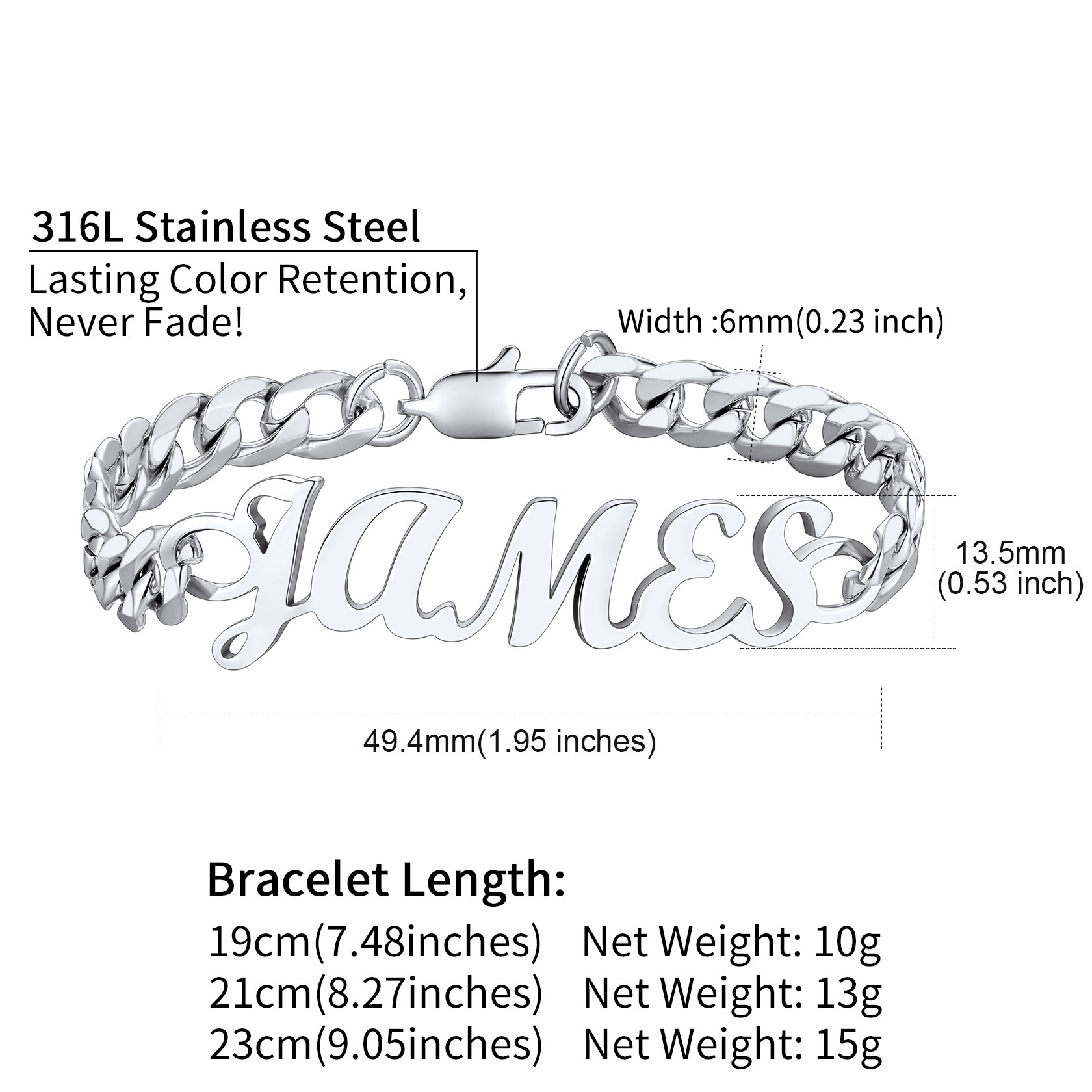 Custom Name Cuban Chain Bracelet for Men size