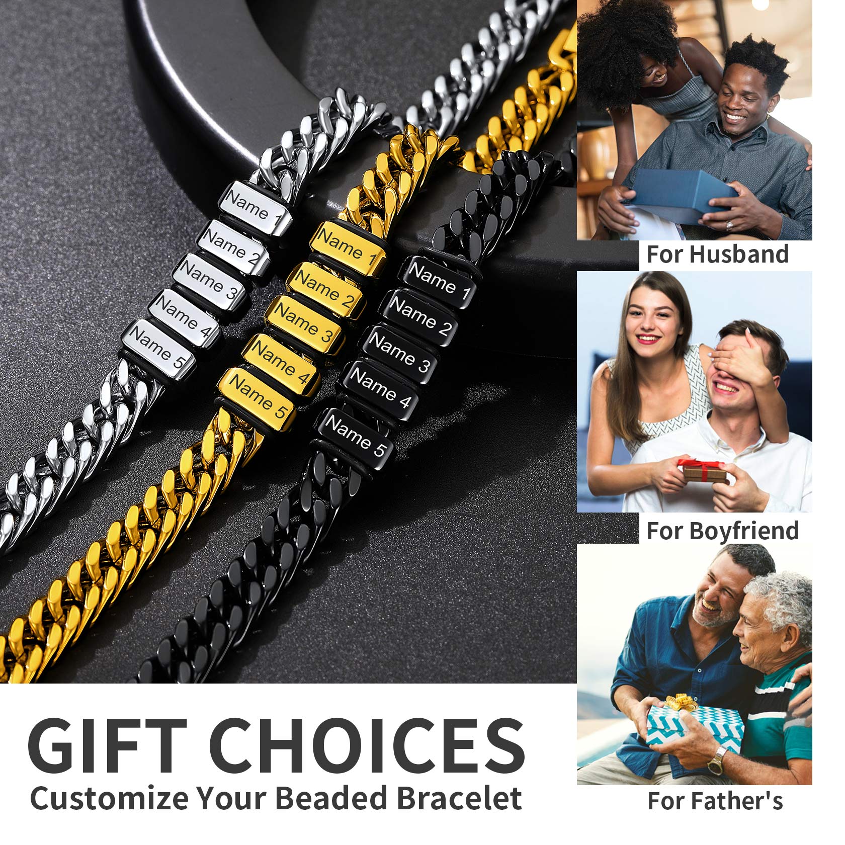Personalized Name Engraved Beads Bracelet with Cuban Chain gift for Men