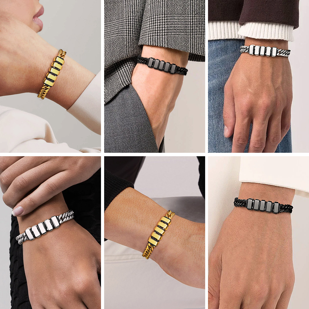 Personalized Name Engraved Beads Bracelet with Cuban Chain for Men model show