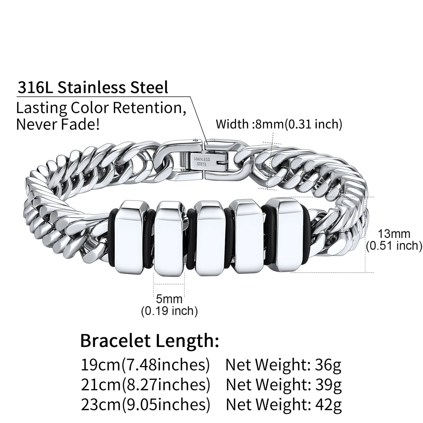 Personalized Name Engraved Beads Bracelet with Cuban Chain for Men 8mm 