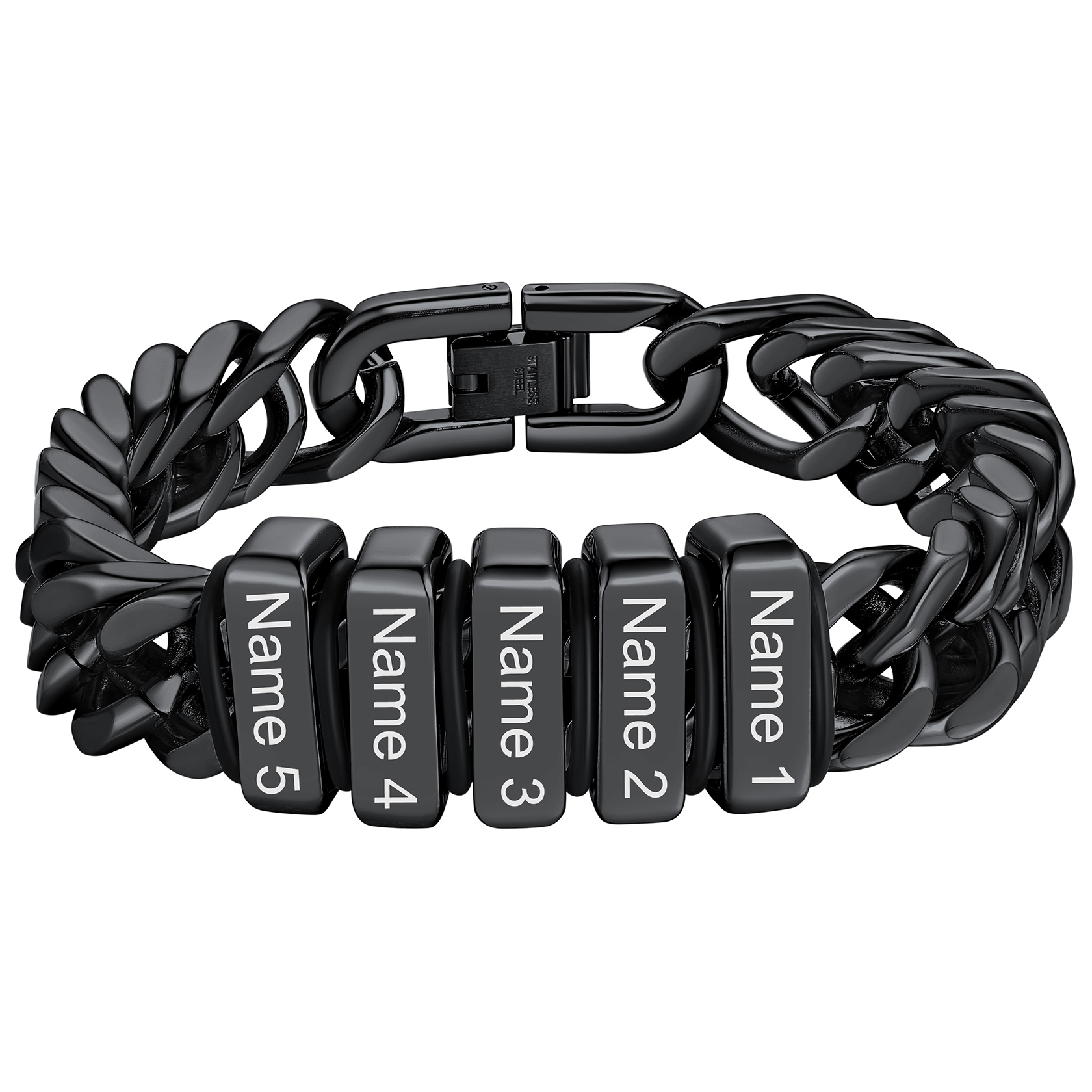 Personalized Name Engraved Beads Bracelet with Cuban Chain black