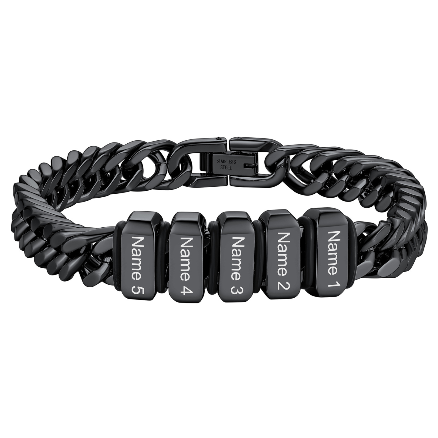 Personalized Name Engraved Beads Bracelet with Cuban Chain for Men black