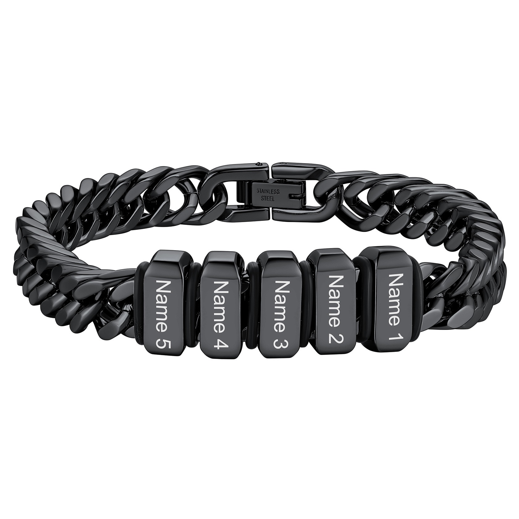 Personalized Name Engraved Beads Bracelet with Cuban Chain for Men black