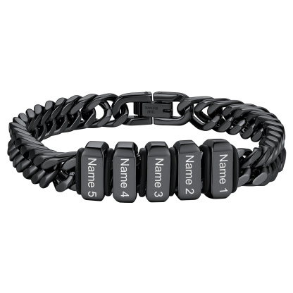 Personalized Name Engraved Beads Bracelet with Cuban Chain for Men black