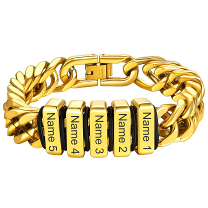 Personalized Name Engraved Beads Bracelet with Cuban Chain gold