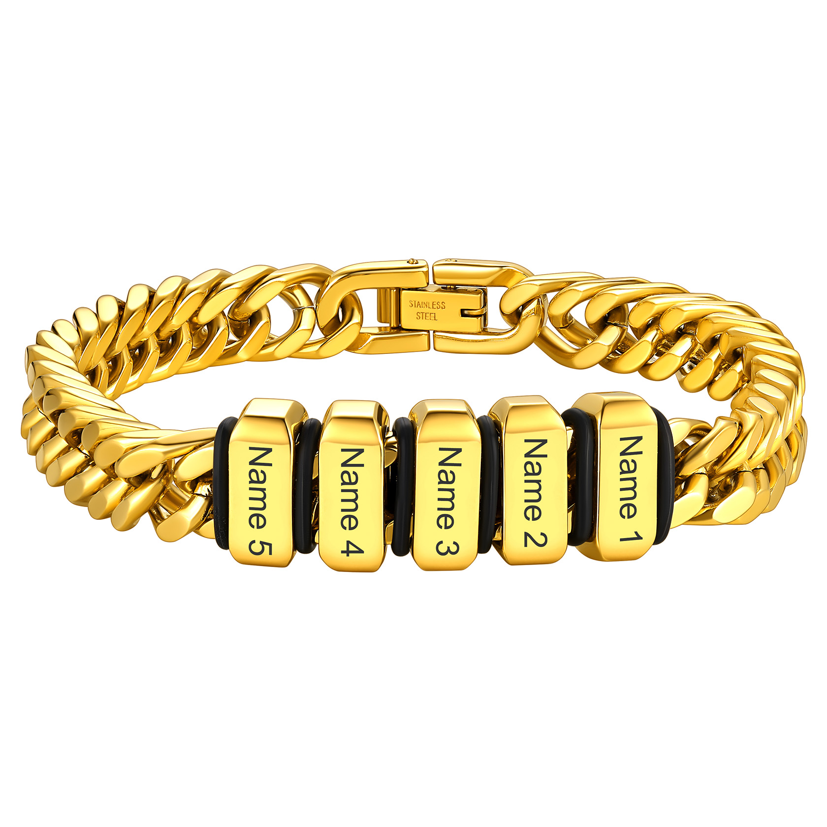 Personalized Name Engraved Beads Bracelet with Cuban Chain for Men gold