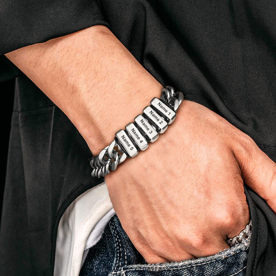 Personalized Name Engraved Beads Bracelet with Cuban Chain for Men model