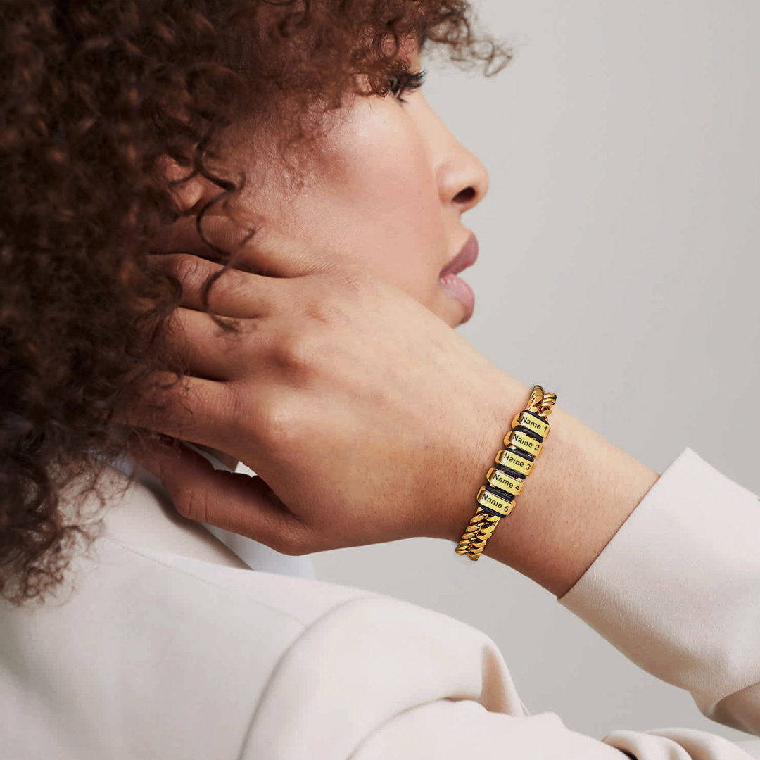 Personalized Name Engraved Beads Bracelet with Cuban Chain for Women model