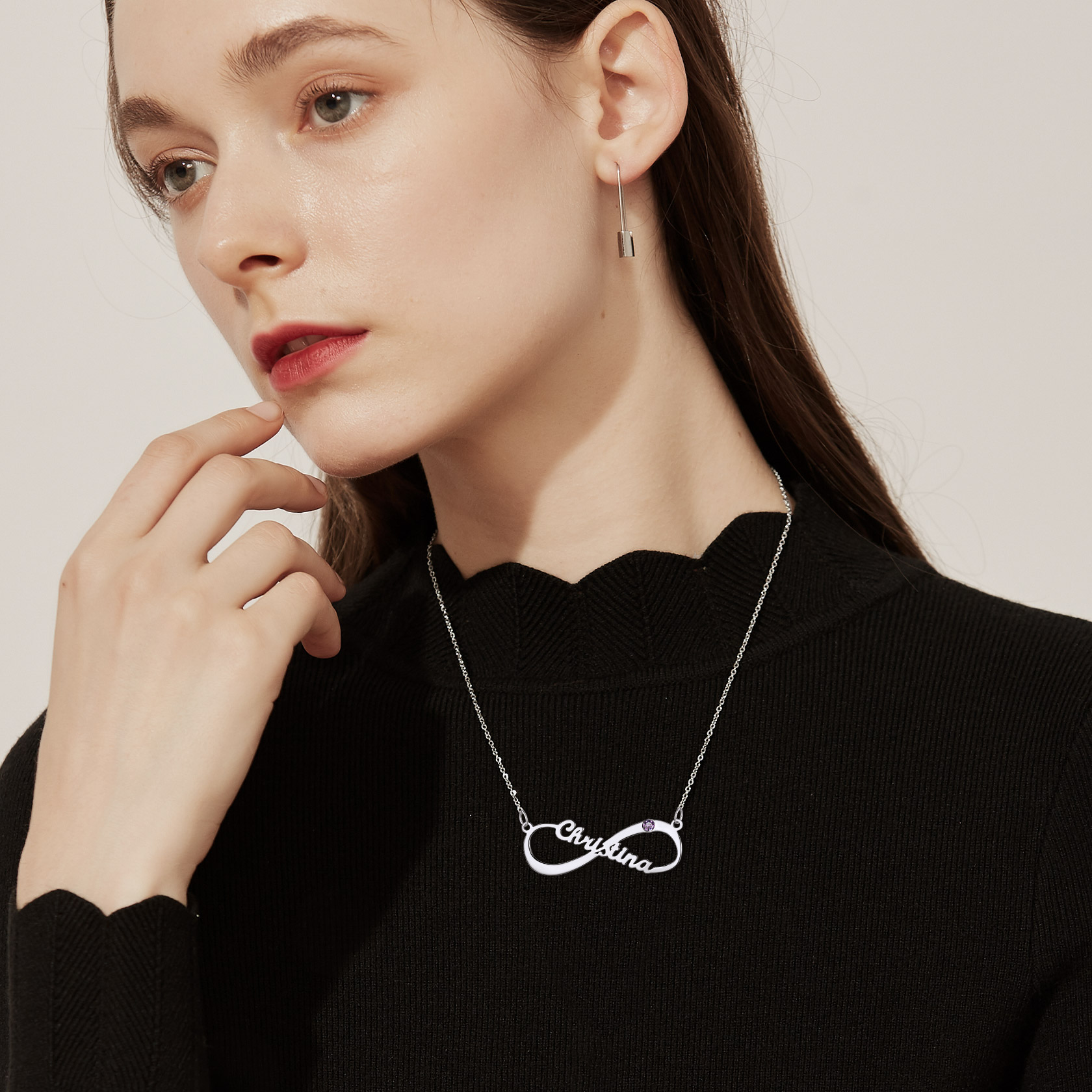 Personalized Birthstone Infinity Necklace with Name for Women  model silver