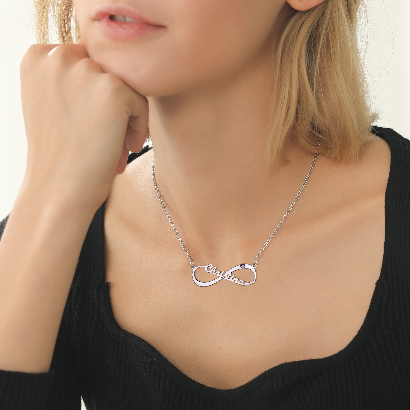 Personalized Birthstone Infinity Necklace with Name for Women  model