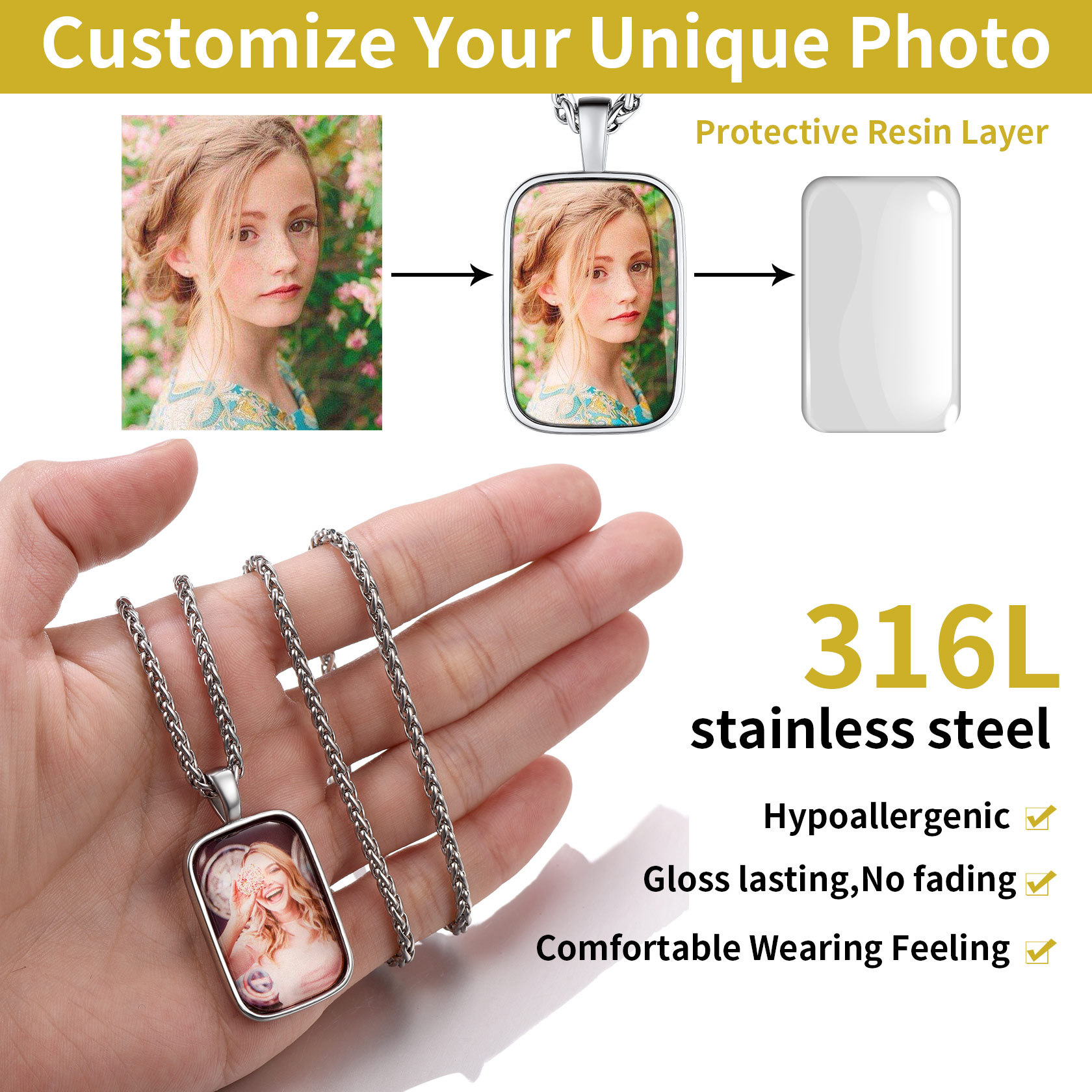 Custom Photo Engraved Message Pendant Necklace for Men Women stainless steel