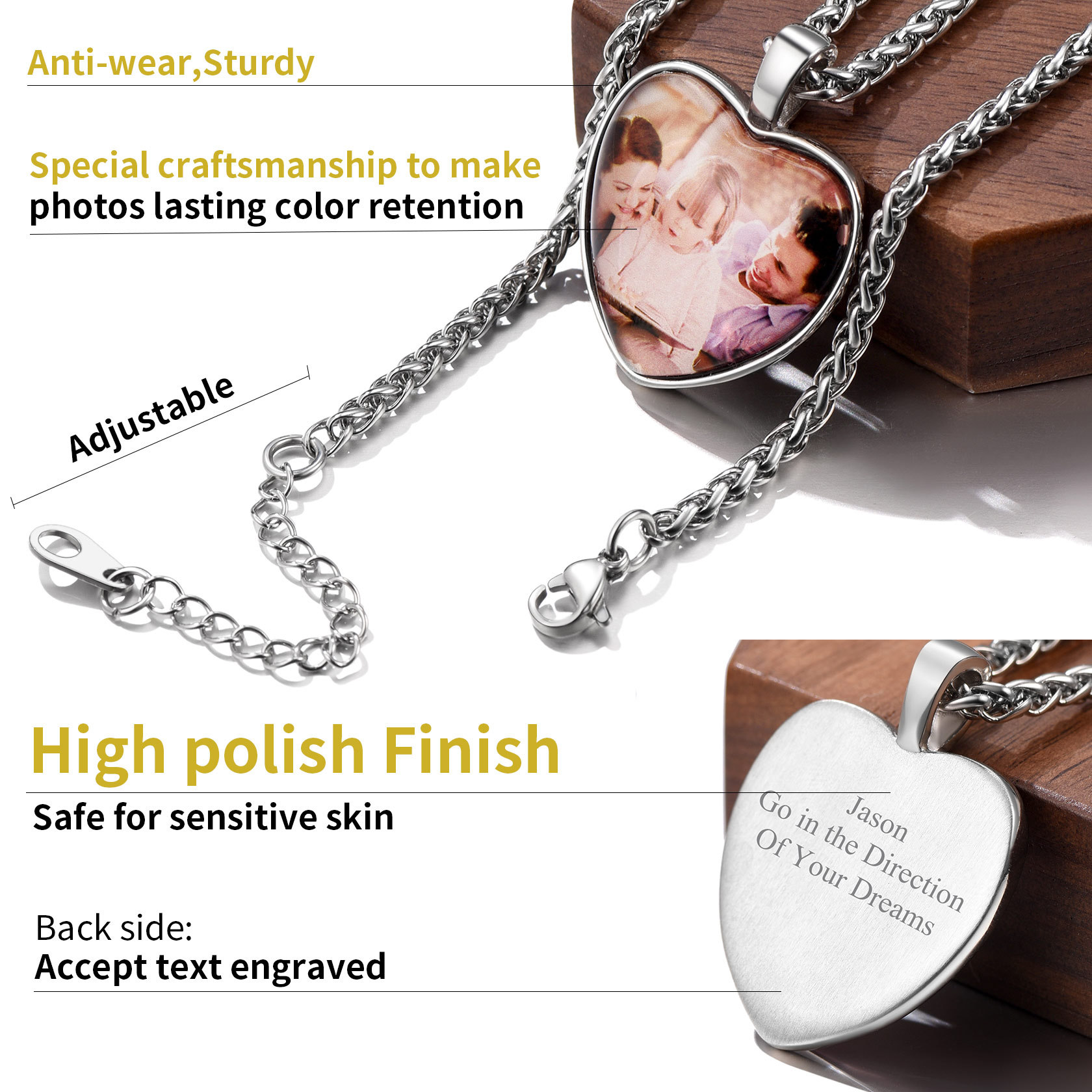 Personalized Photo Engraved Heart Necklace for Men Women DIY Memorial Jewelry detail