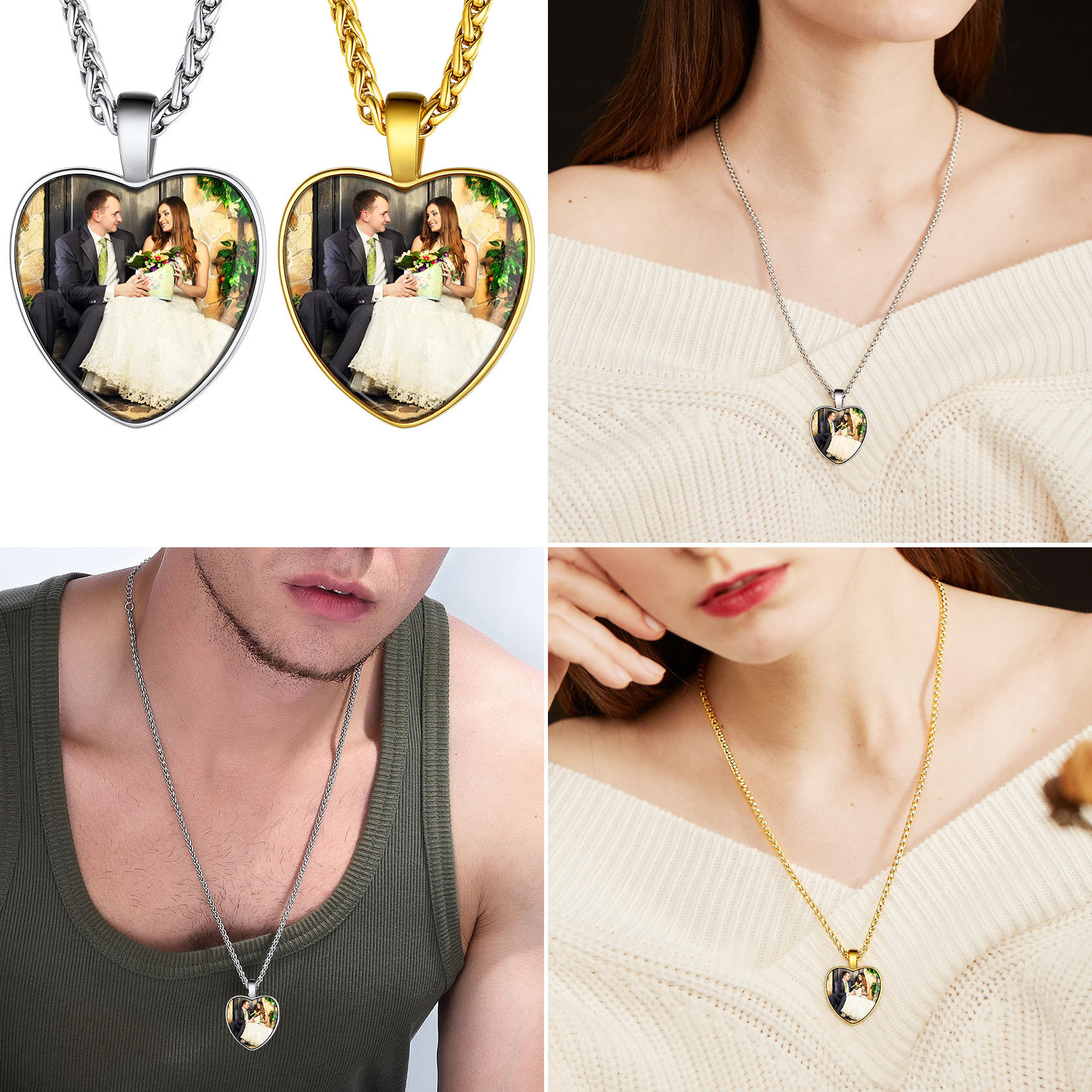 Personalized Photo Engraved Heart Necklace for Men Women DIY Memorial Jewelry collection