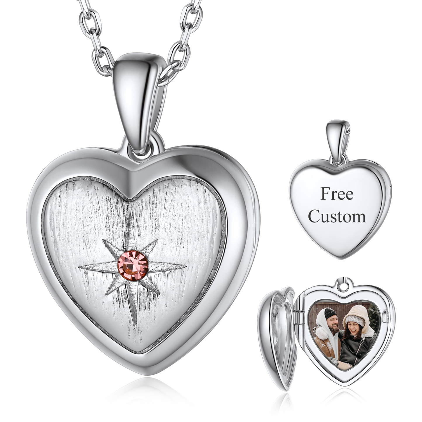 Personalized Birthstone Locket Photo Necklace for Women silver