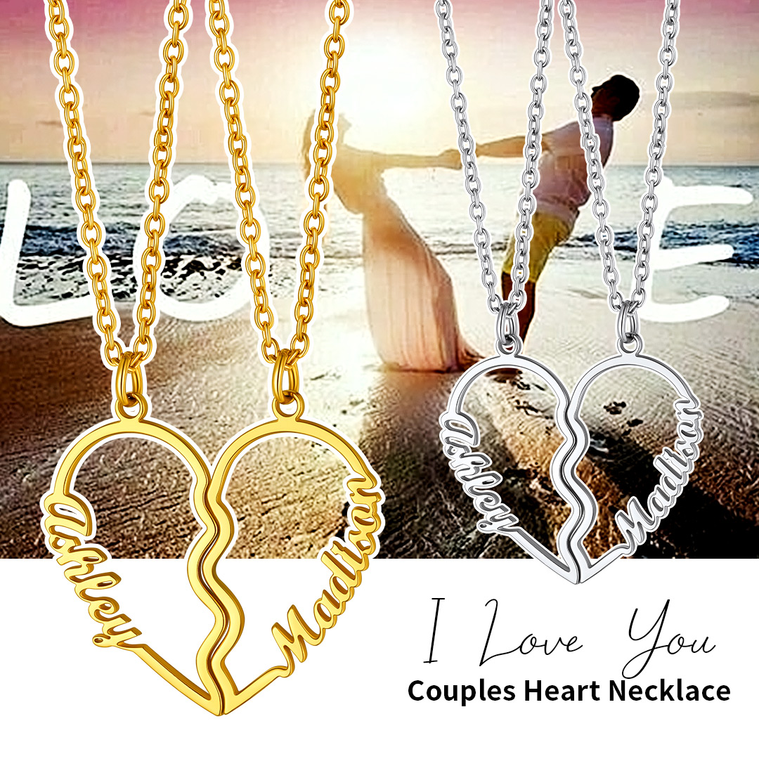 Personalized Name Heart Puzzle Matching Pendant Necklaces couple necklace
