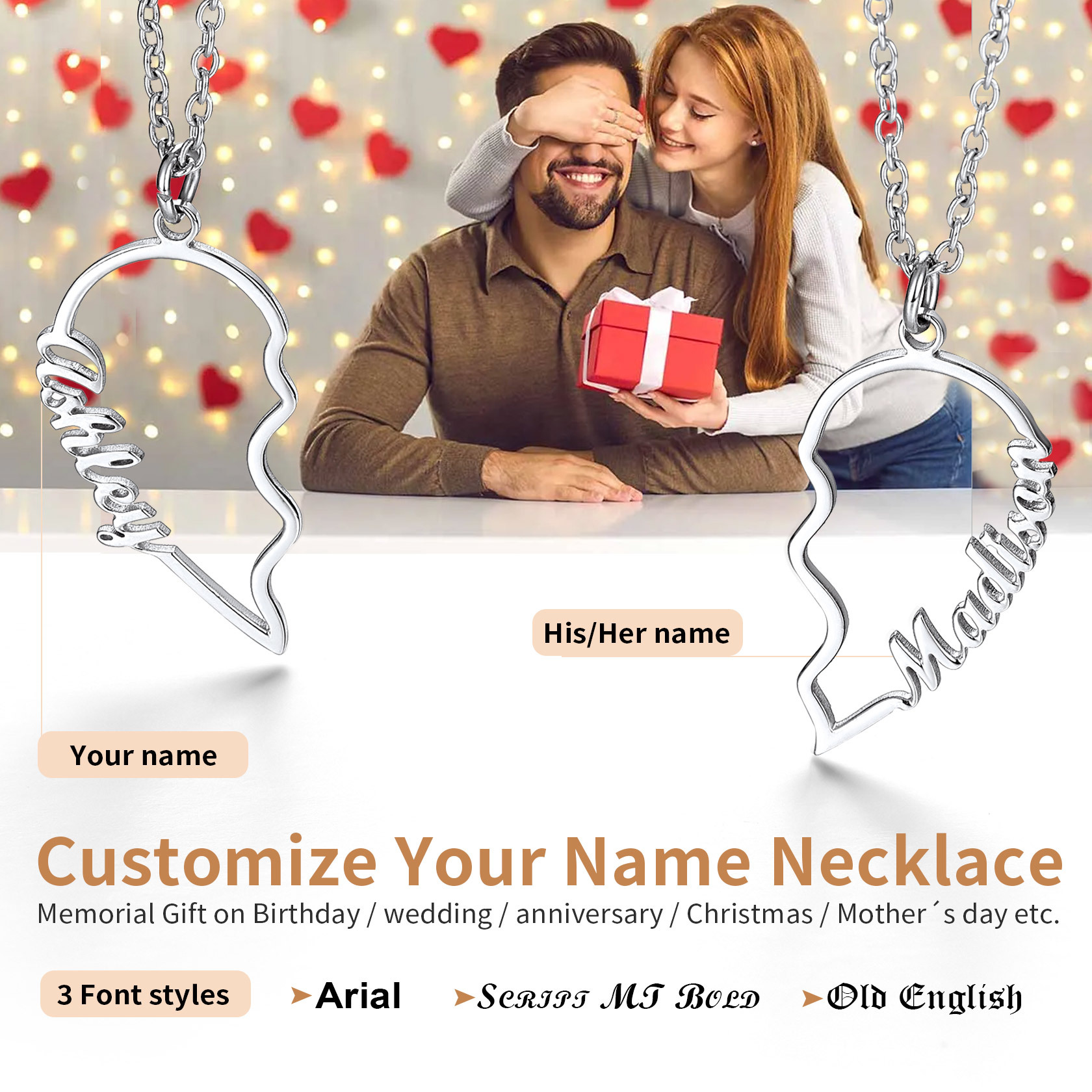 Personalized Name Heart Puzzle Matching Pendant Necklaces gift for love ones
