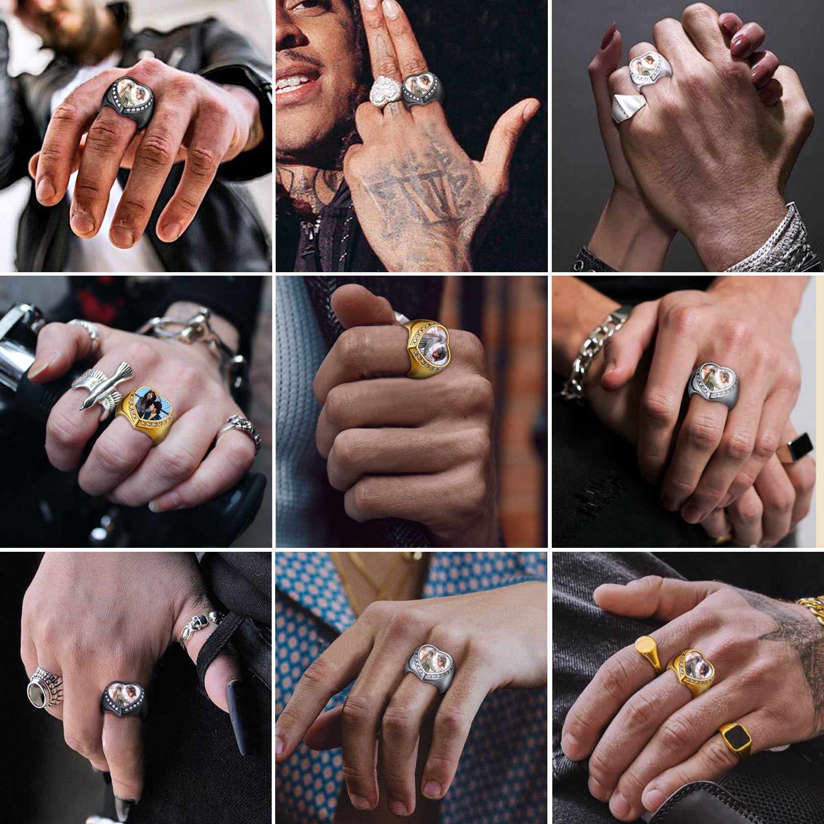 Personalized Heart Shape Signet Photo Rings model show