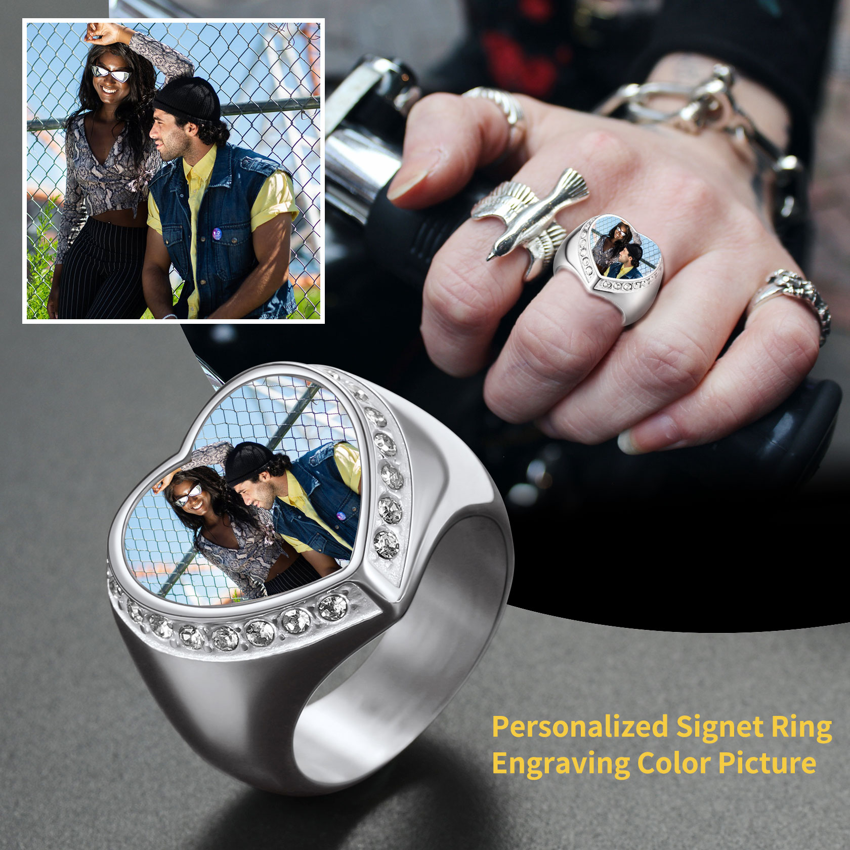 Personalized Heart Shape Signet Photo Rings for Men Women scene