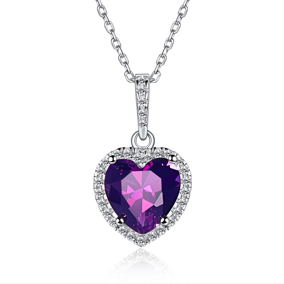 Sterling Silver Heart Halo Created Birthstone Pendant Necklace Feb