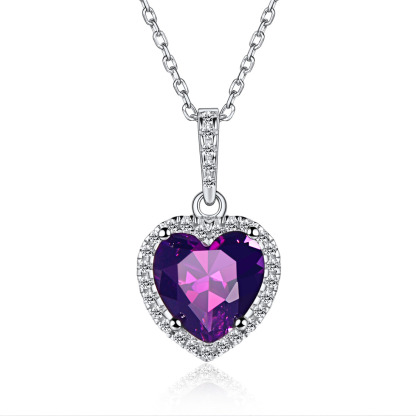 Sterling Silver Heart Halo Created Birthstone Pendant Necklace Feb