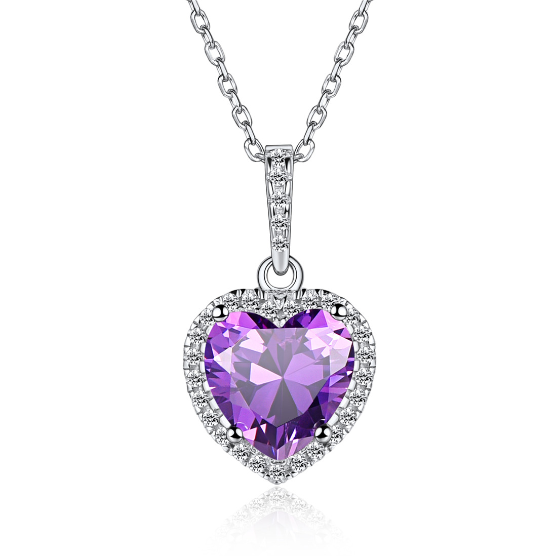 Sterling Silver Heart Halo Created Birthstone Pendant Necklace Jun