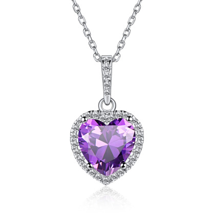 Sterling Silver Heart Halo Created Birthstone Pendant Necklace Jun
